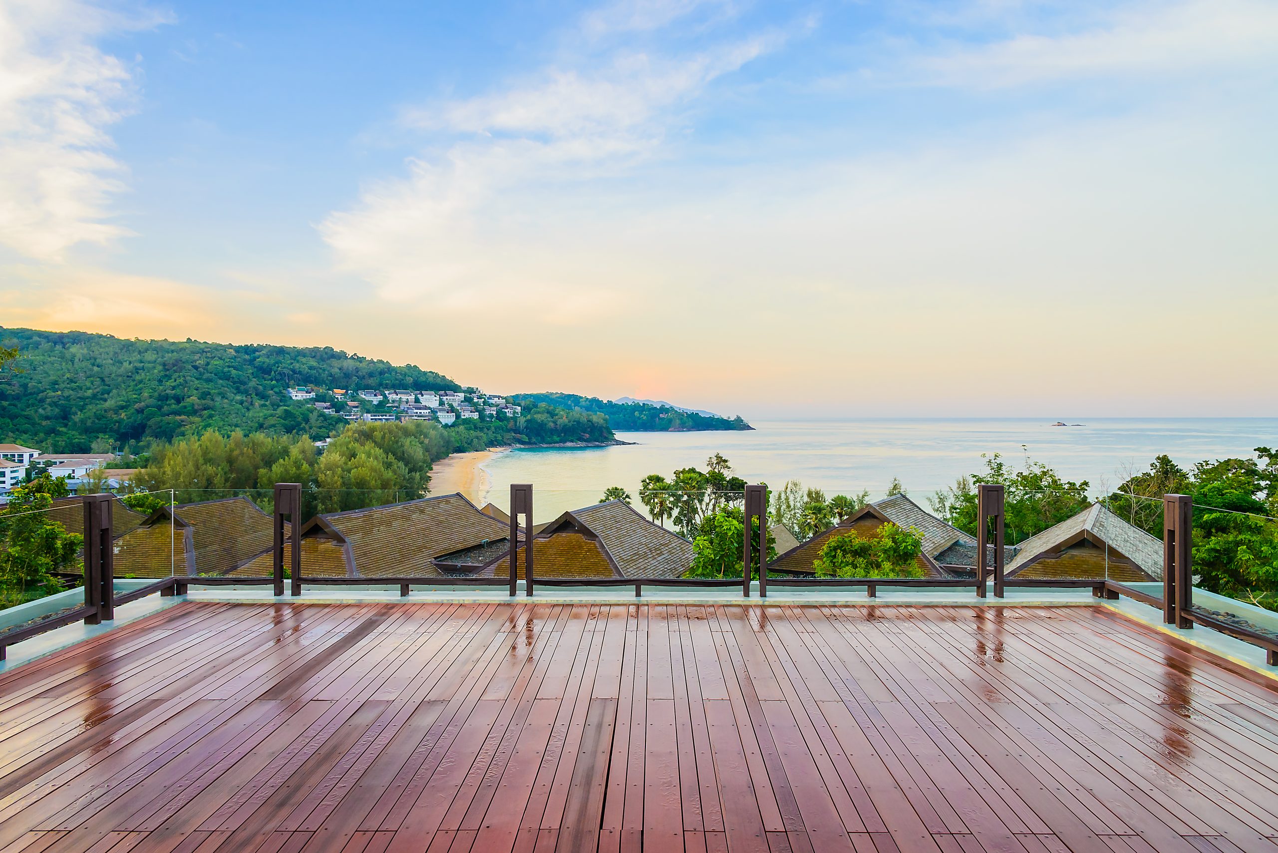 tylish outdoor timber deck in Australia with a scenic balcony view.